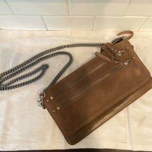 BNWOT ALL SAINTS "JACKS PLACE - YAZMEEN" DARK BEIGE SUEDE PURSE WITH CHAIN